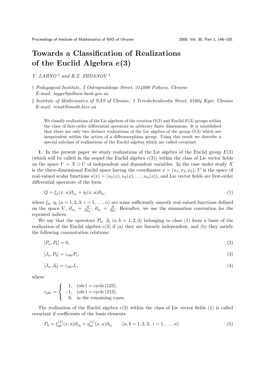Pdf Towards A Classification Of Realizations Of The Euclid Algebra E 3