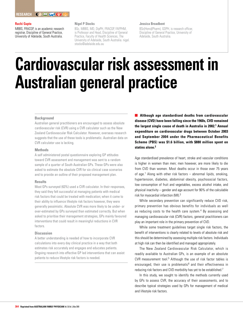 Pdf Cardiovascular Risk Assessment In Australian General Practice