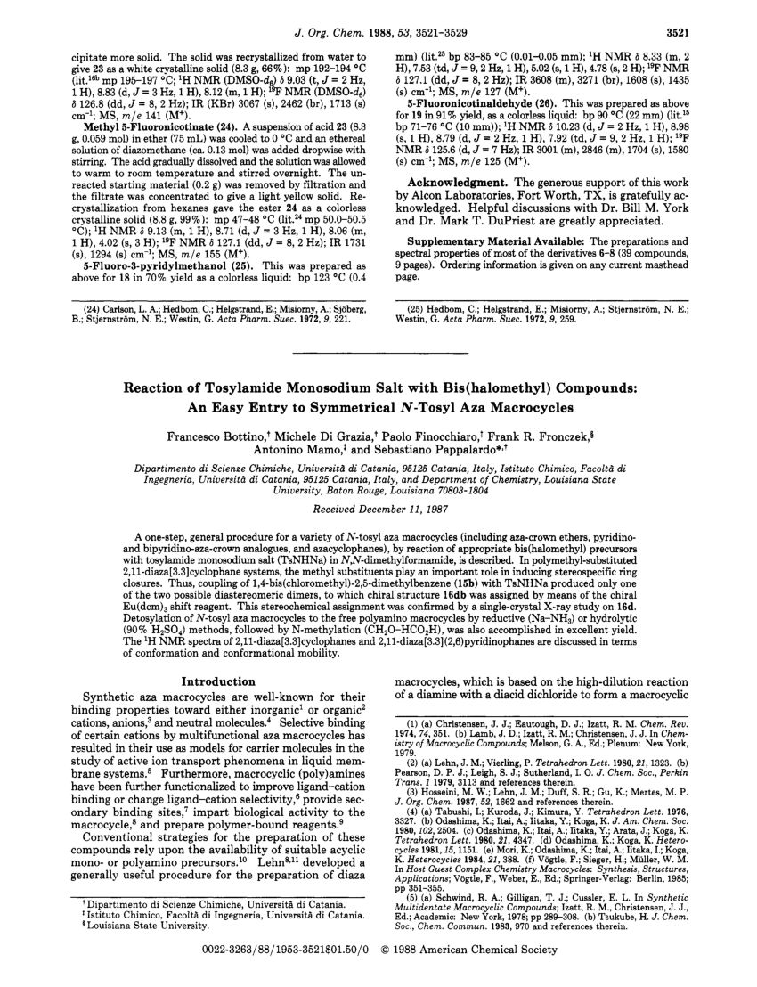 Pdf Synthesis Of Symmetrical N Tosyldiazamacrocycles And Complexation Properties Of Their Derivatives
