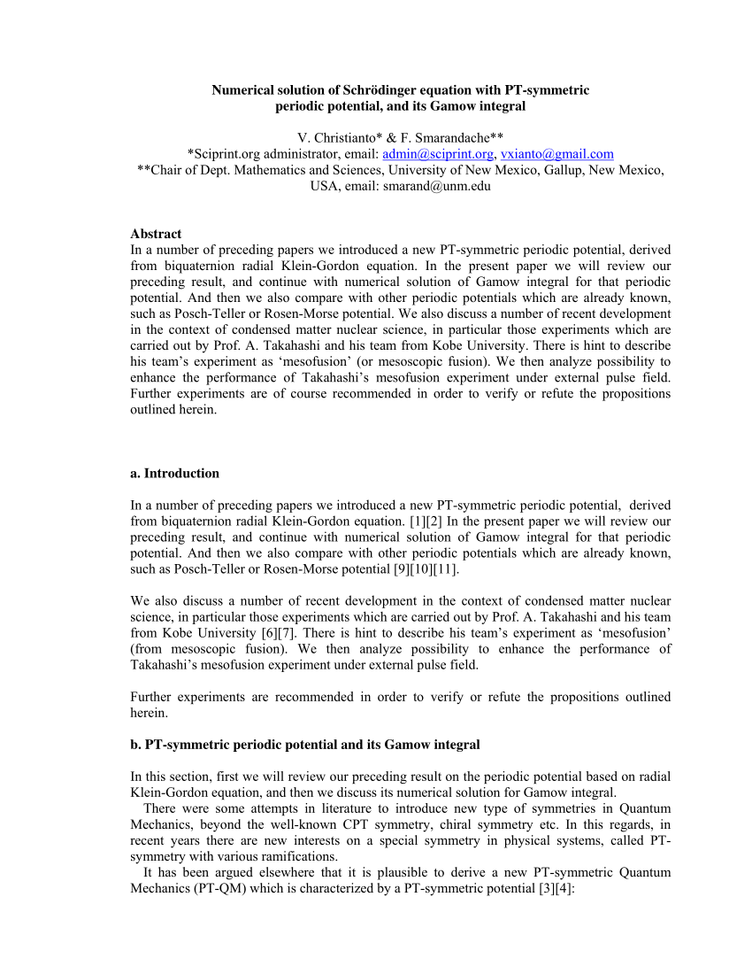 Pdf Numerical Solution Of Schrodinger Equation With Pt