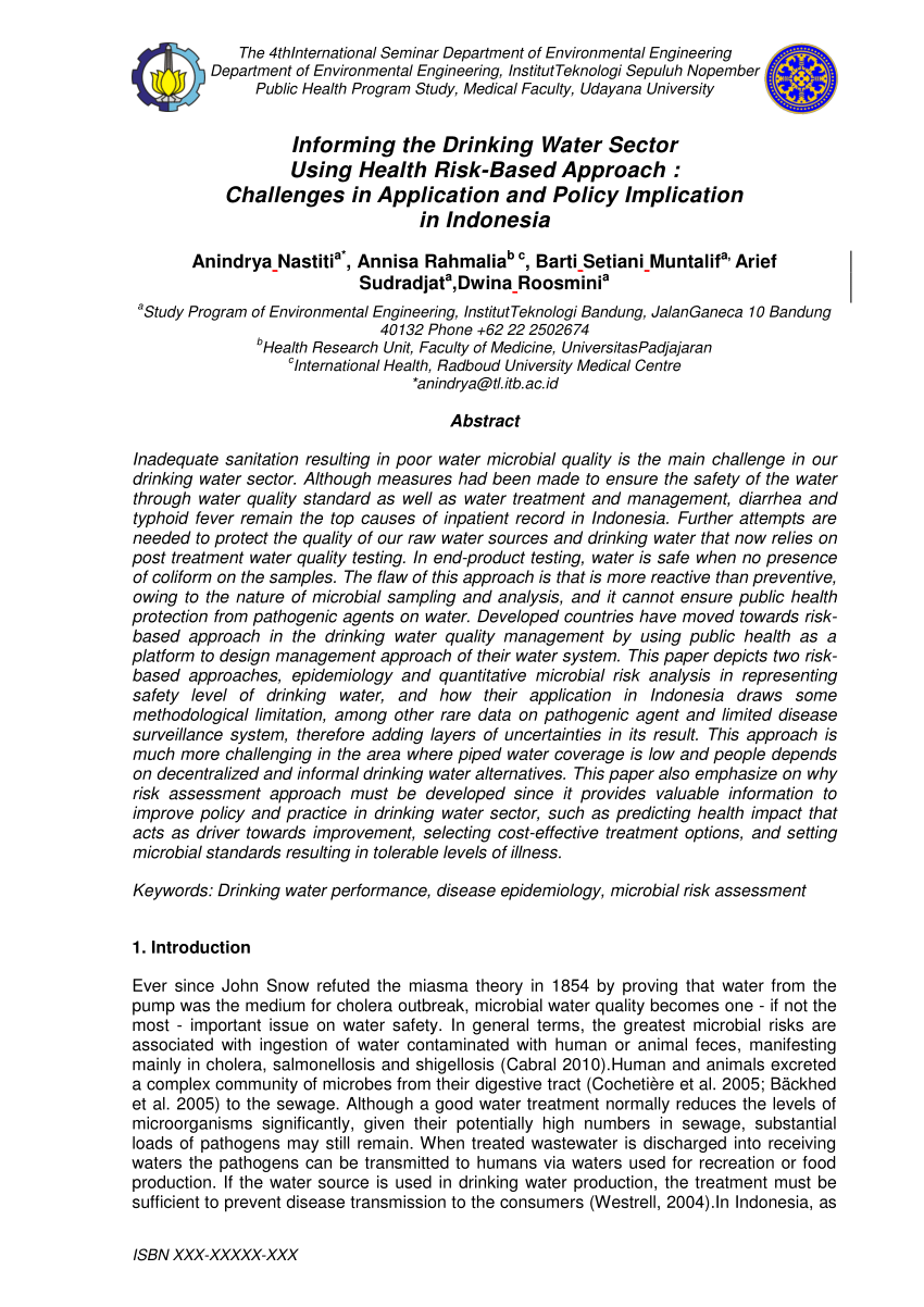 PDF) Informing the Drinking Water Sector Using Health Risk-Based Approach :  Challenges in Application and Policy Implication in Indonesia