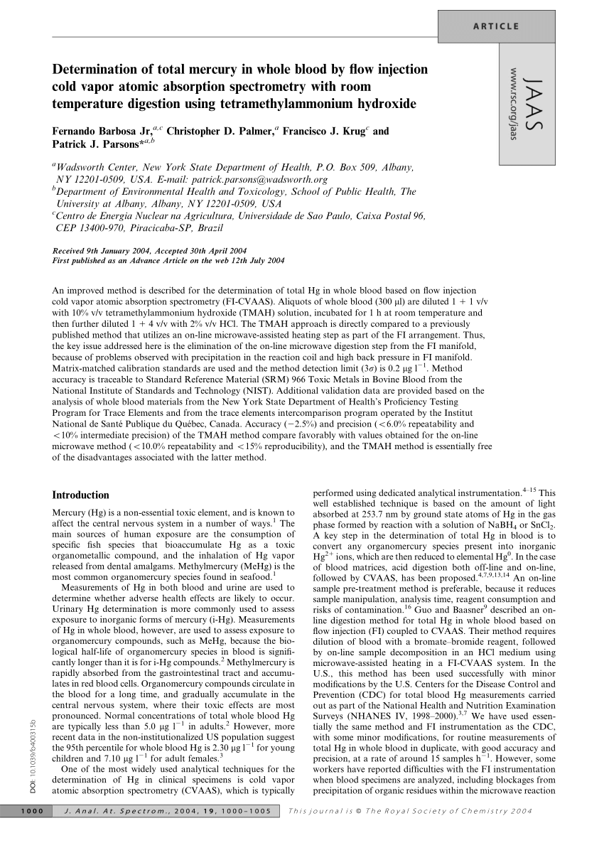 Pdf Determination Of Total Mercury In Whole Blood By Flow