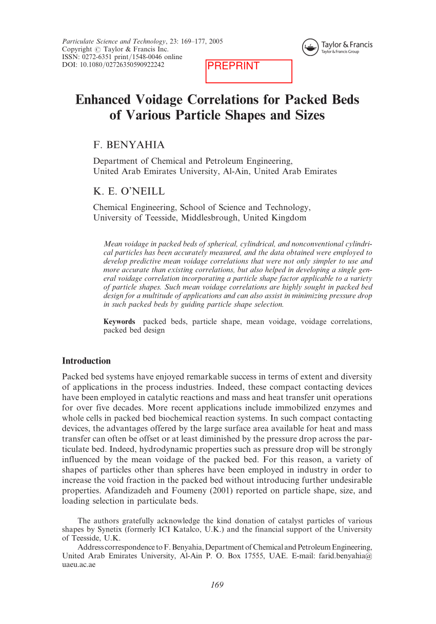 Pdf Enhanced Voidage Correlations For Packed Beds Of Various Particle Shapes And Sizes
