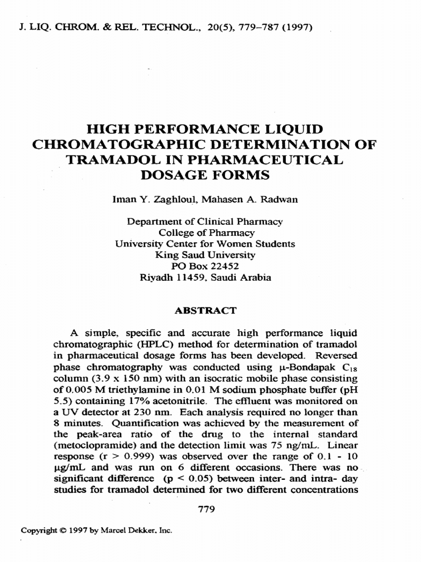 Pdf High Performance Liquid Chromatographic Determination Of Tramadol In Pharmaceutical Dosage Forms