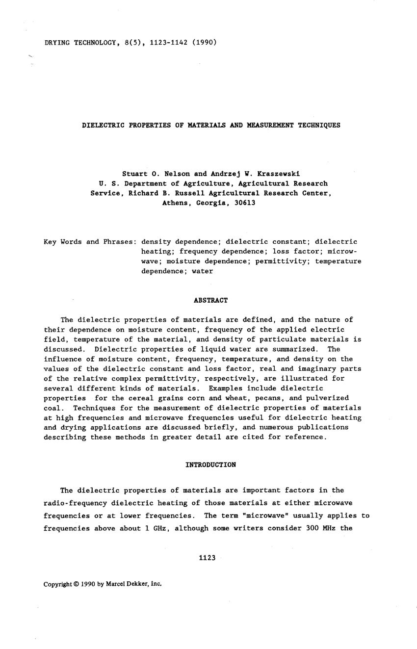 Pdf Dielectric Properties Of Materials And Measurement - 