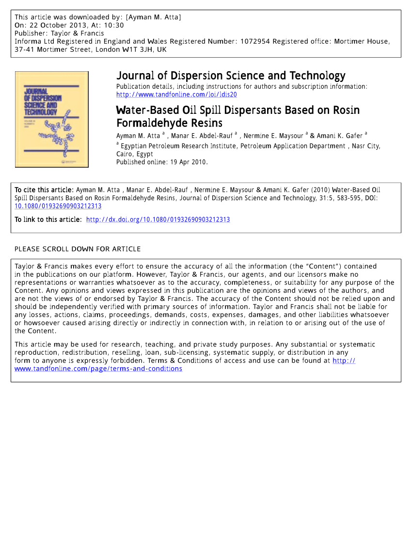 (PDF) WaterBased Oil Spill Dispersants Based on Rosin Formaldehyde Resins