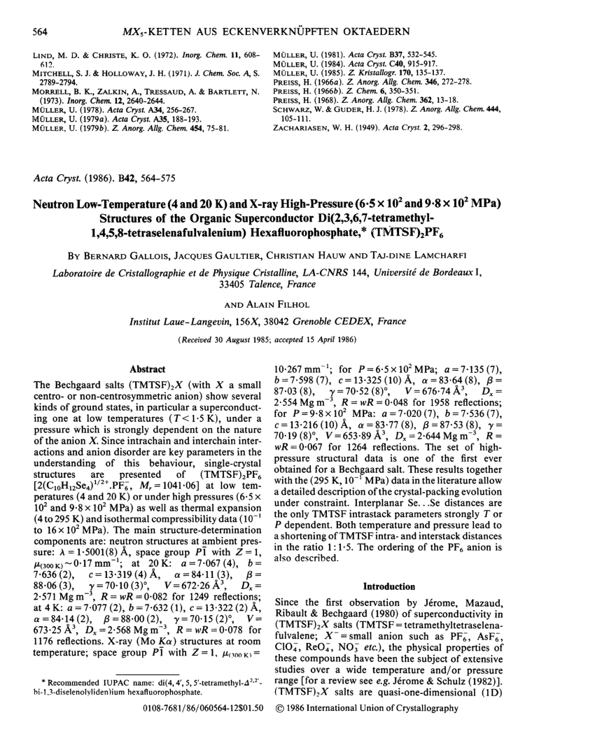 Pdf Neutron Low Temperature 4 And K And X Ray High Pressure 6 5 X 10 2 And 9 8 X 10 2 Mpa Structures Of The Organic Superconductor Di 2 3 6 7 Tetramethyl 1 4 5 8 Tetraselenafulvalenium Hexafluorophosphate Tmtsf 2 Pf 6