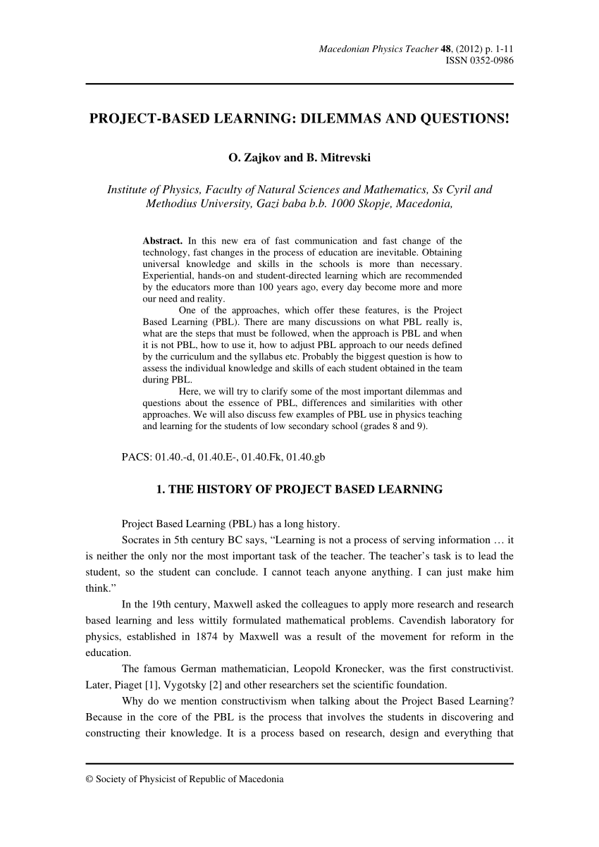 (PDF) PROJECTBASED LEARNING DILEMMAS AND QUESTIONS!