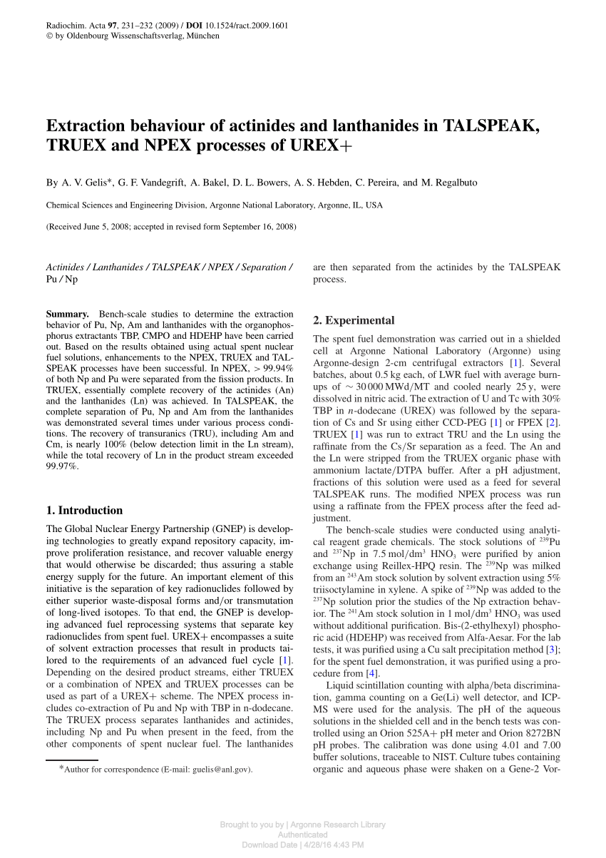 Pdf Extraction Behaviour Of Actinides And Lanthanides In Talspeak Truex And Npex Processes Of Urex