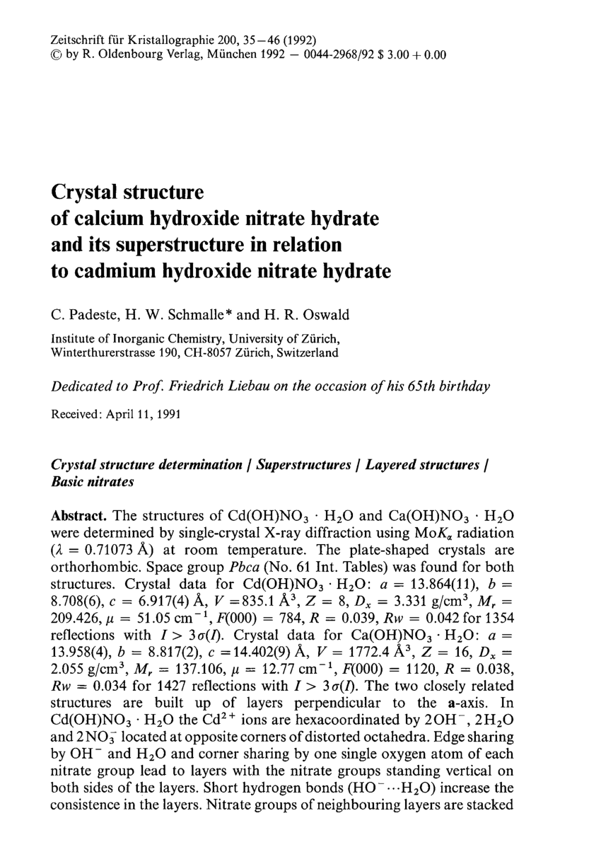 Pdf Crystal Structure Of Calcium Hydroxide Nitrate Hydrate And Its Superstructure In Relation To Cadmium Hydroxide Nitrate Hydrate