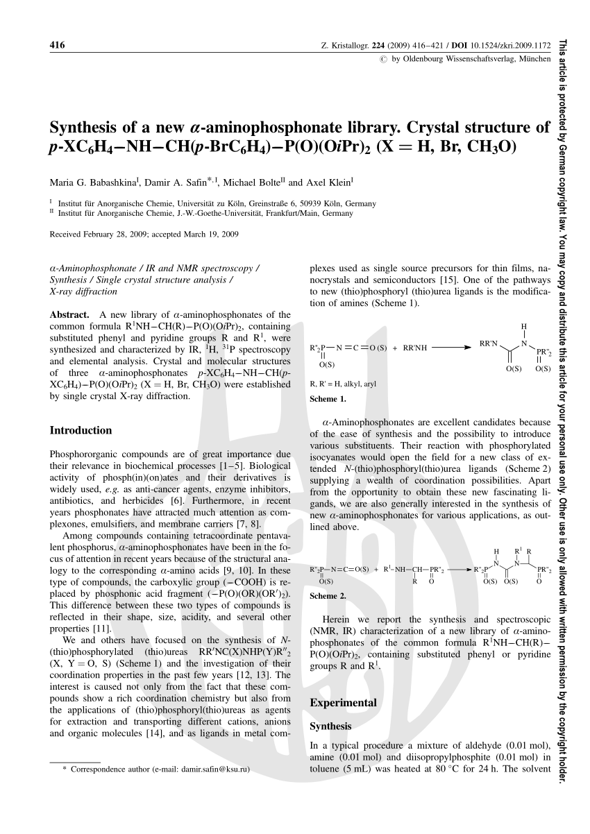 Pdf Synthesis Of A New A Aminophosphonate Library Crystal Structure Of P Xc 6 H 4 Nh Ch P Brc 6 H 4 P O O I Pr 2 X H Br Ch 3 O