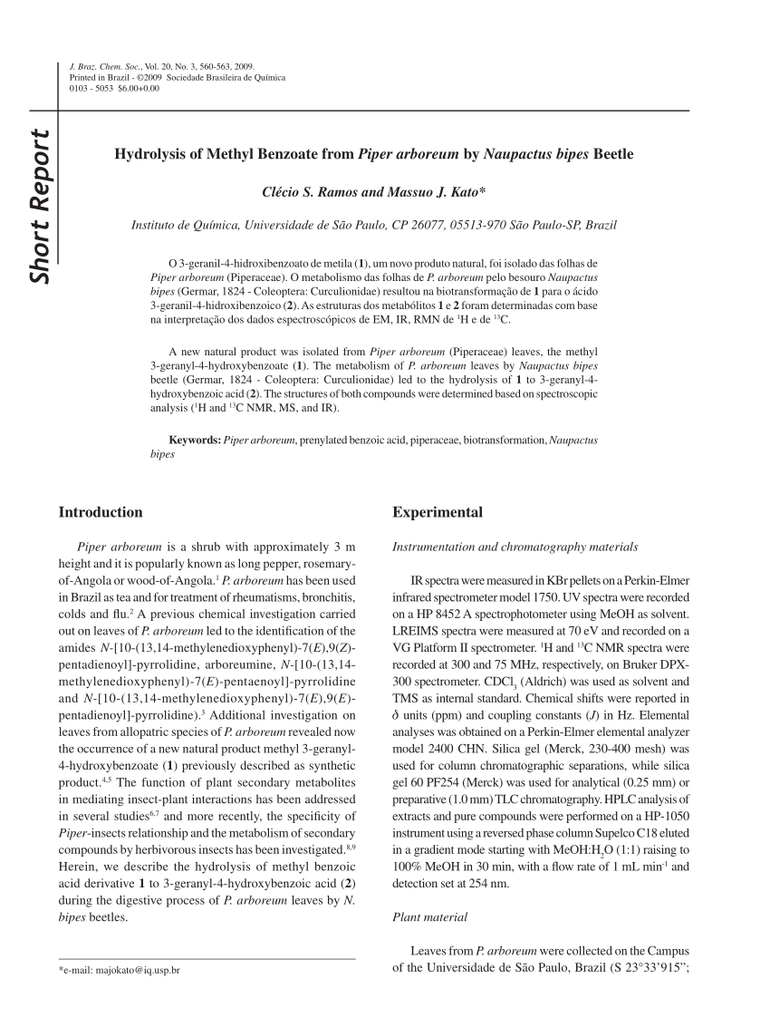 Pdf Hydrolysis Of Methyl Benzoate From Piper Arboreum By Naupactus Bipes Beetle