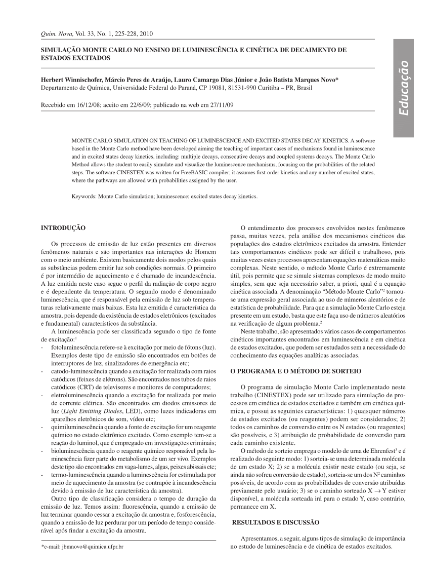 Pdf Simulacao Monte Carlo No Ensino De Luminescencia E Cinetica De Decaimento De Estados Excitados