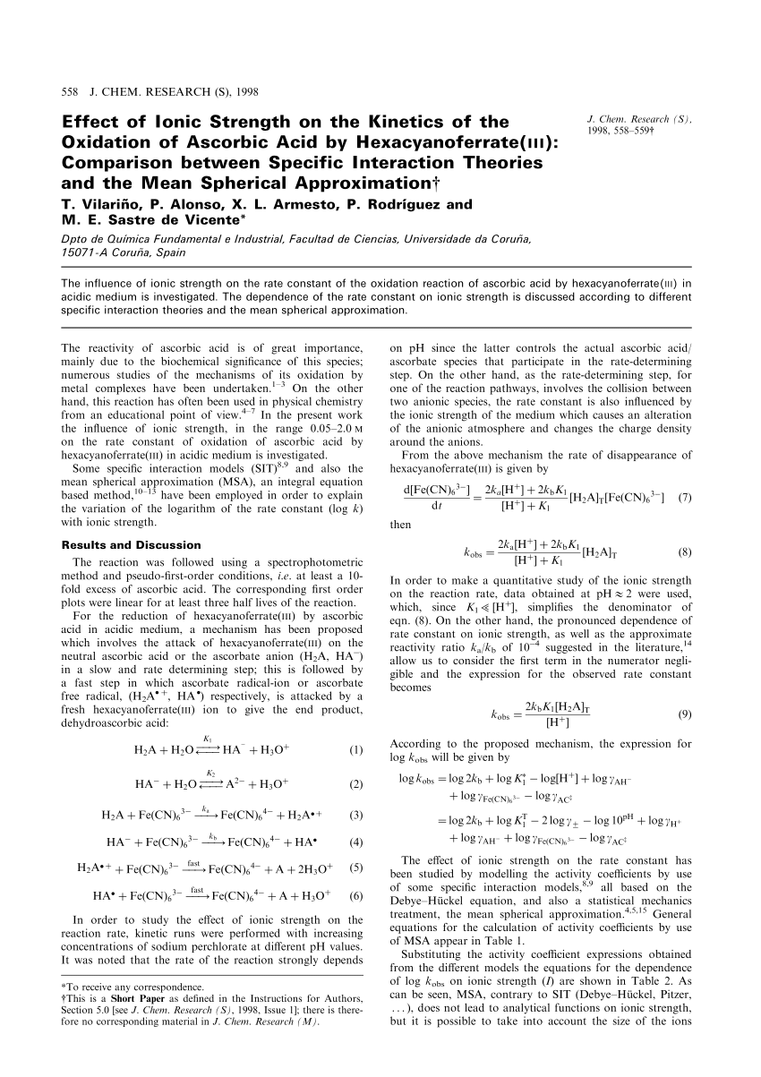 Pdf Effect Of Ionic Strength On The Kinetics Of The Oxidation Of Ascorbic Acid By Hexacyanoferrate Iii Comparison Between Specific Interaction Theories And The Mean Spherical Approximation