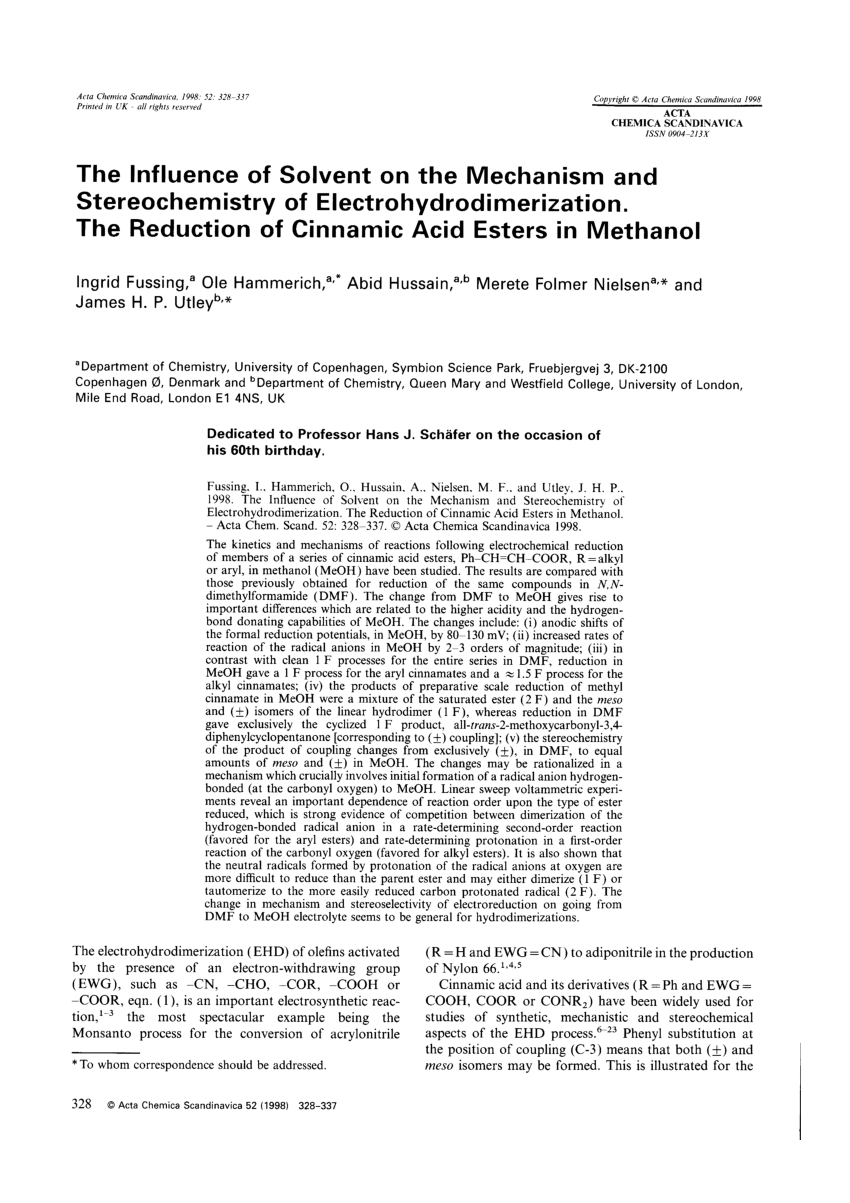 Pdf The Influence Of Solvent On The Mechanism And Stereochemistry Of Electrohydrodimerization The Reduction Of Cinnamic Acid Esters In Methanol