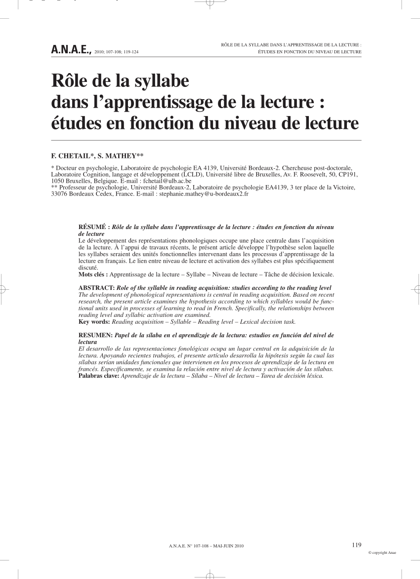 Pdf Role De La Syllabe Dans L Apprentissage De La Lecture Etude En Fonction Du Niveau De Lecture