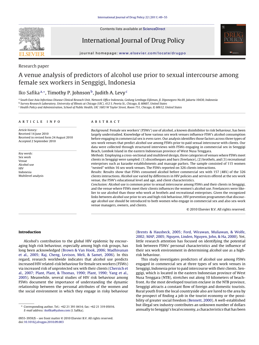 PDF) Studying Alcohol Use Prior to Sexual Intercourse Among Female Sex  Workers in Eastern Indonesia