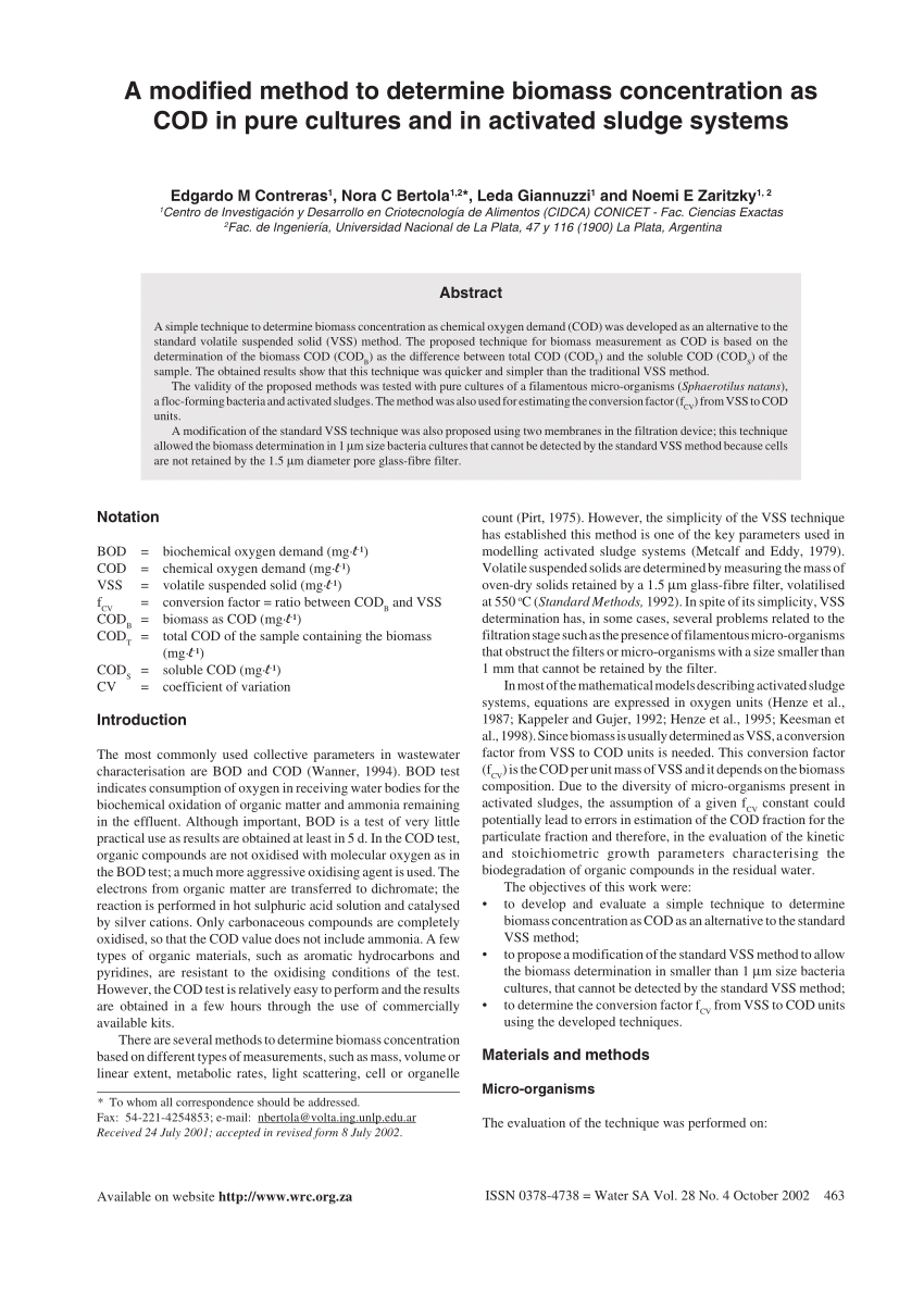 Pdf A Modified Method To Determine Biomass Concentration As Cod