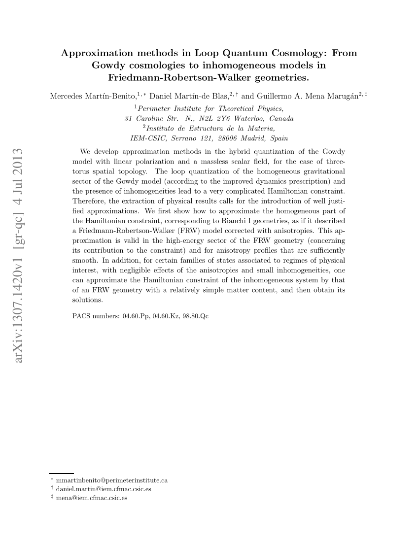 Pdf Approximation Methods In Loop Quantum Cosmology From Gowdy Cosmologies To Inhomogeneous Models In Friedmann Robertson Walker Geometries