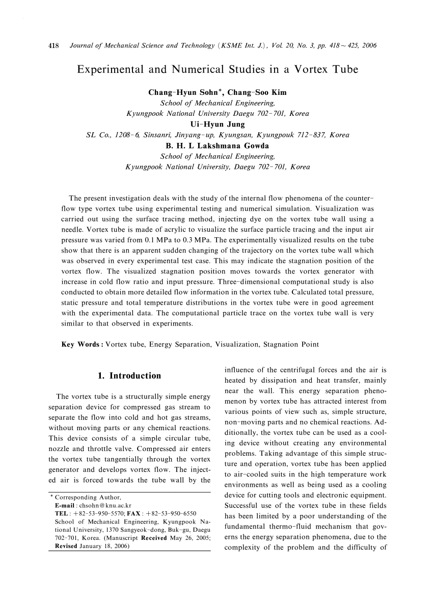 Pdf Experimental And Numerical Studies In A Vortex Tube