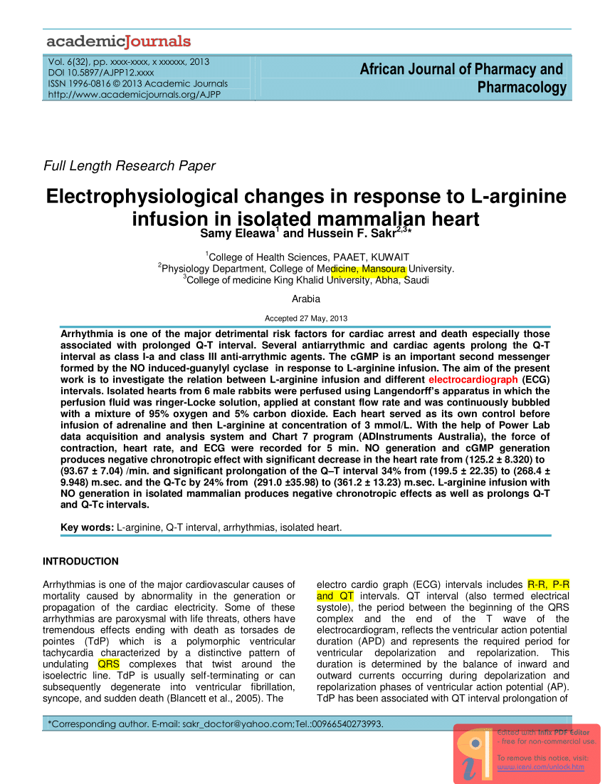 Pdf Electrophysiological Changes In Response To L Arginine Infusion In Isolated Mammalian Heart
