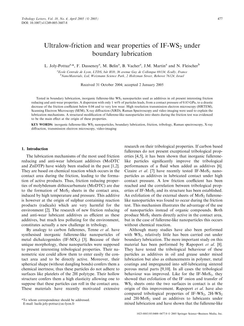 PDF) Ultralow-friction and wear properties of IF-WS2 under