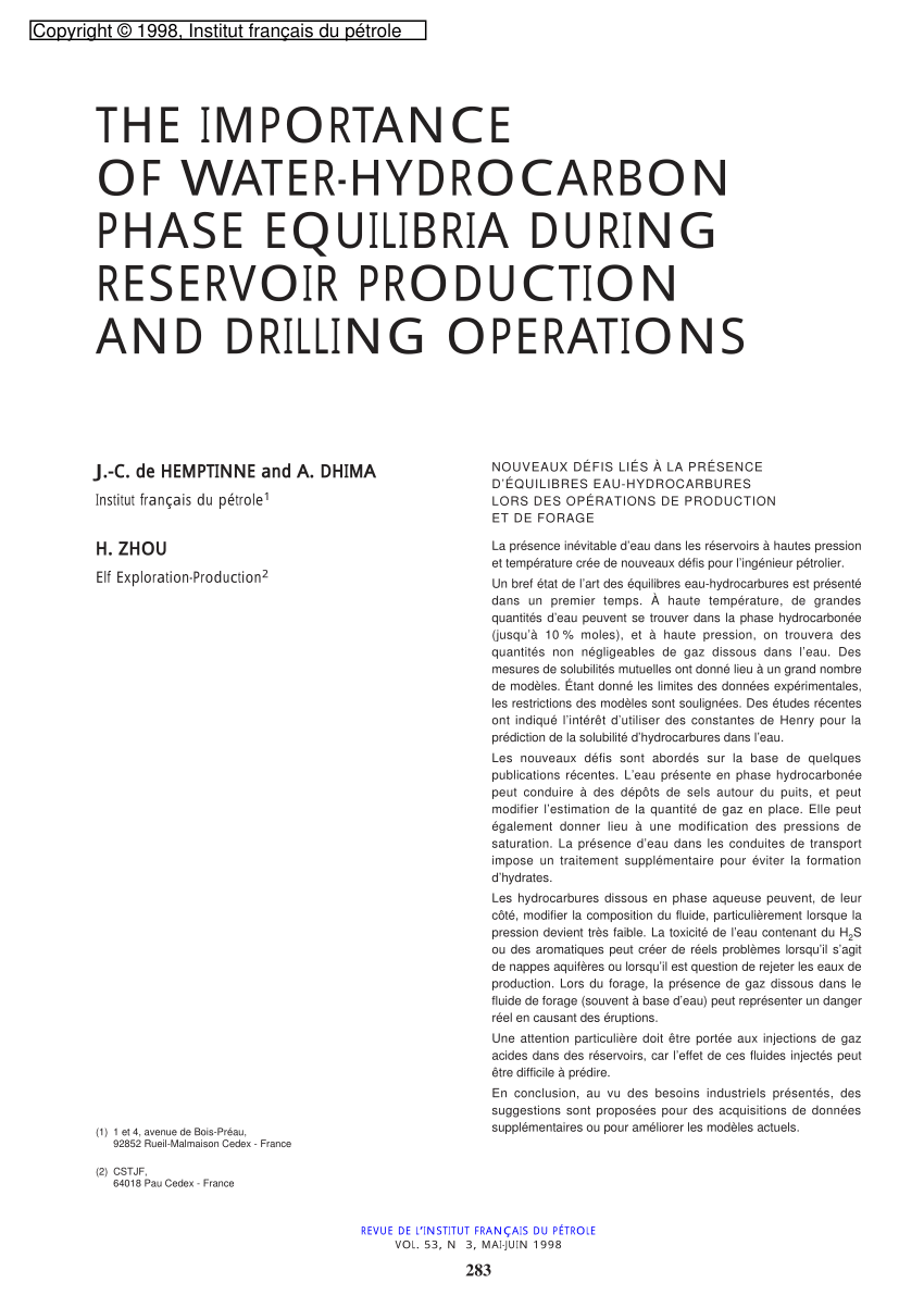 Pdf The Importance Of Water Hydrocarbon Phase Equilibria During Reservoir Production And Drilling Operations