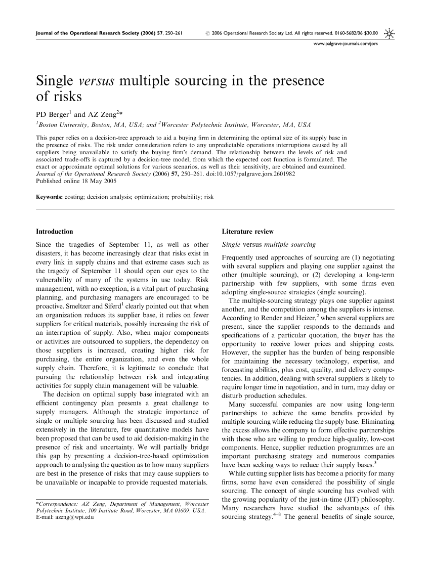 Pdf Single Versus Multiple Sourcing In The Presence Of Risks