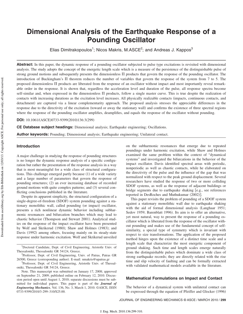 PDF) Dimensional Analysis of the Earthquake Response of a Pounding