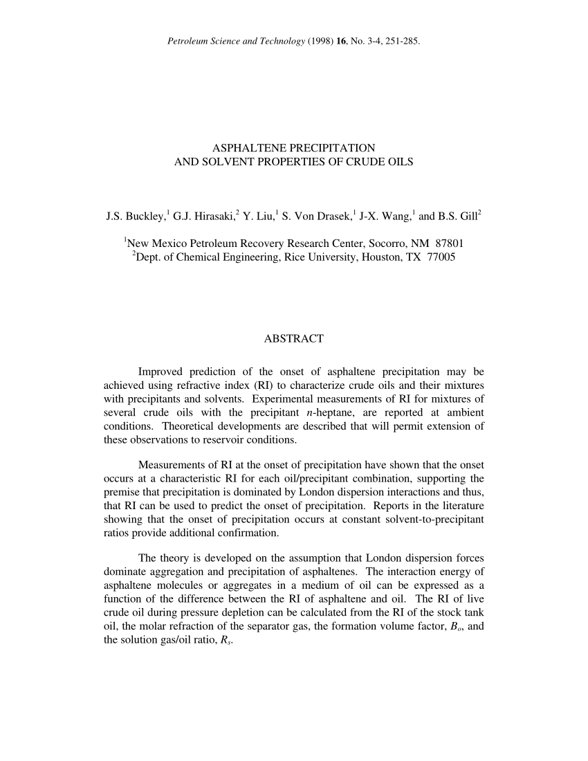 Pdf Asphaltene Precipitation And Solvent Properties Of Crude Oils