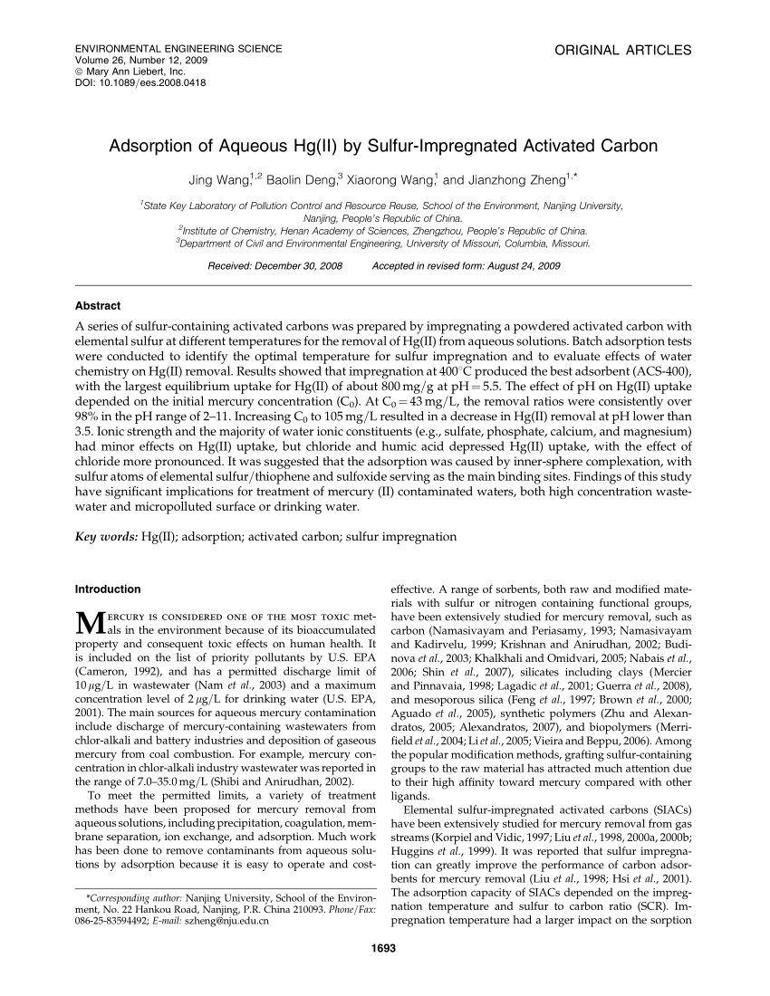 Pdf Adsorption Of Aqueous Hg Ii By Sulfur Impregnated Activated Carbon