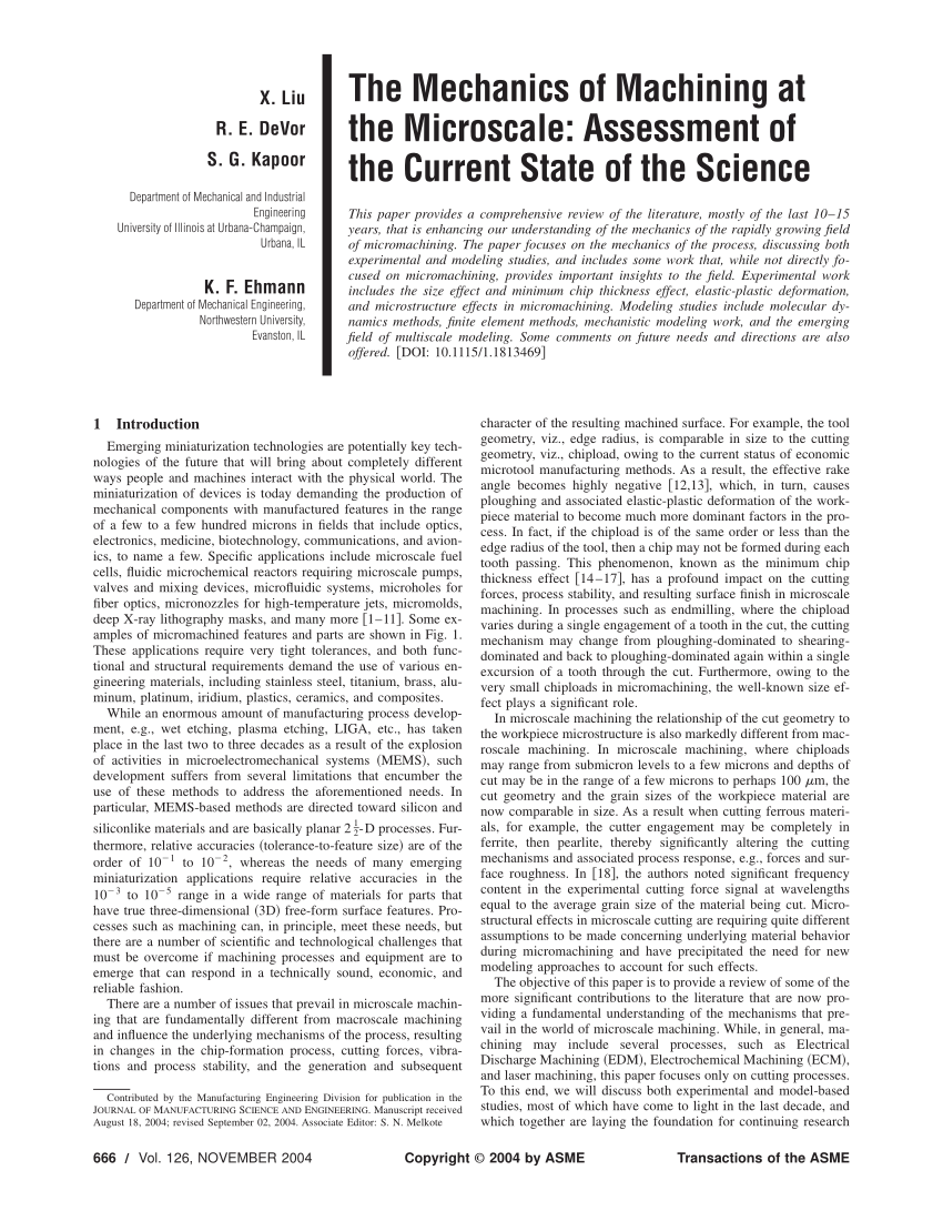 Pdf The Mechanics Of Machining At The Microscale Assessment Of The Current State Of The Science