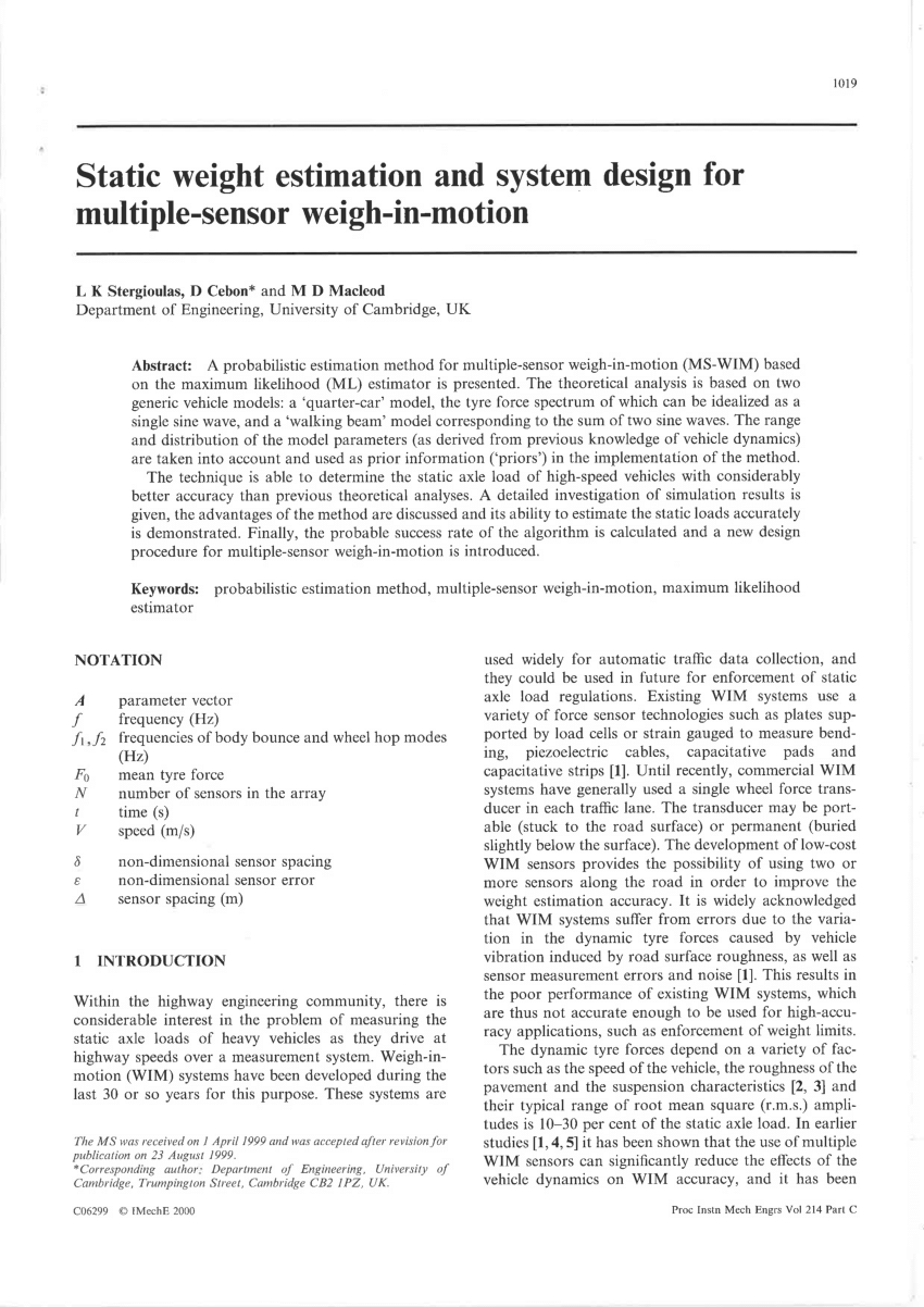 Pdf Static Weight Estimation And System Design For Multiple Sensor Weigh In Motion
