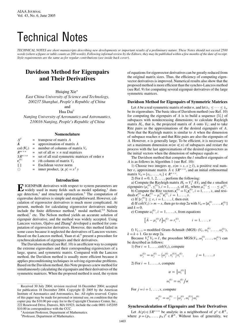 Pdf Davidson Method For Eigenpairs And Their Derivatives