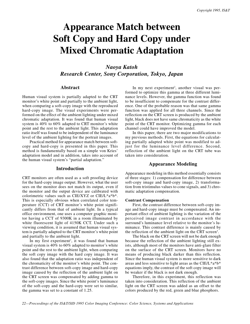 Pdf Appearance Match Between Soft Copy And Hard Copy Under Mixed Chromatic Adaptation