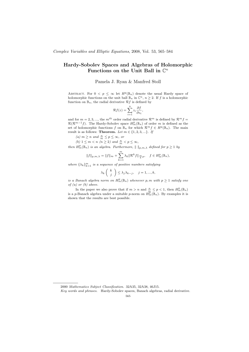 Pdf Hardy Sobolev Spaces And Algebras Of Holomorphic Functions On The Unit Ball In ℂ