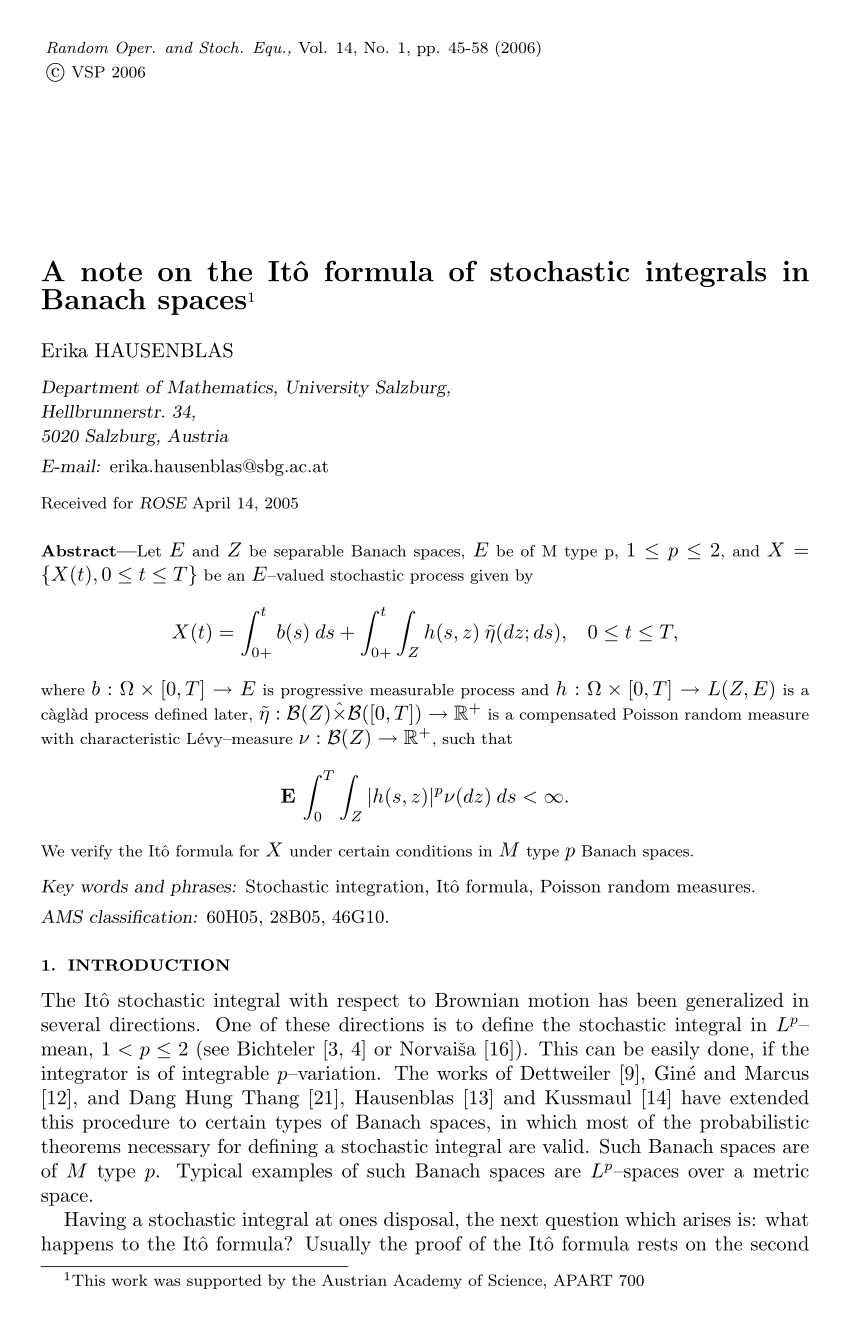Pdf A Note On The It Formula Of Stochastic Integrals In Banach Spaces