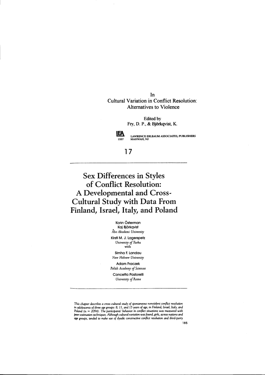 PDF) Sex differences in styles of conflict resolution: A developmental and  cross-cultural study with data from Finland, Israel, Italy, and Poland