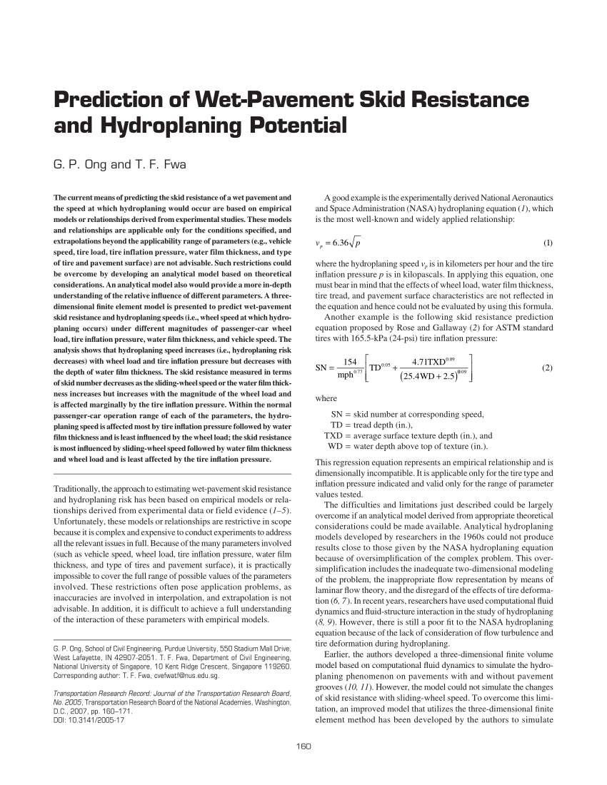 (PDF) Prediction of WetPavement Skid Resistance and Hydroplaning Potential