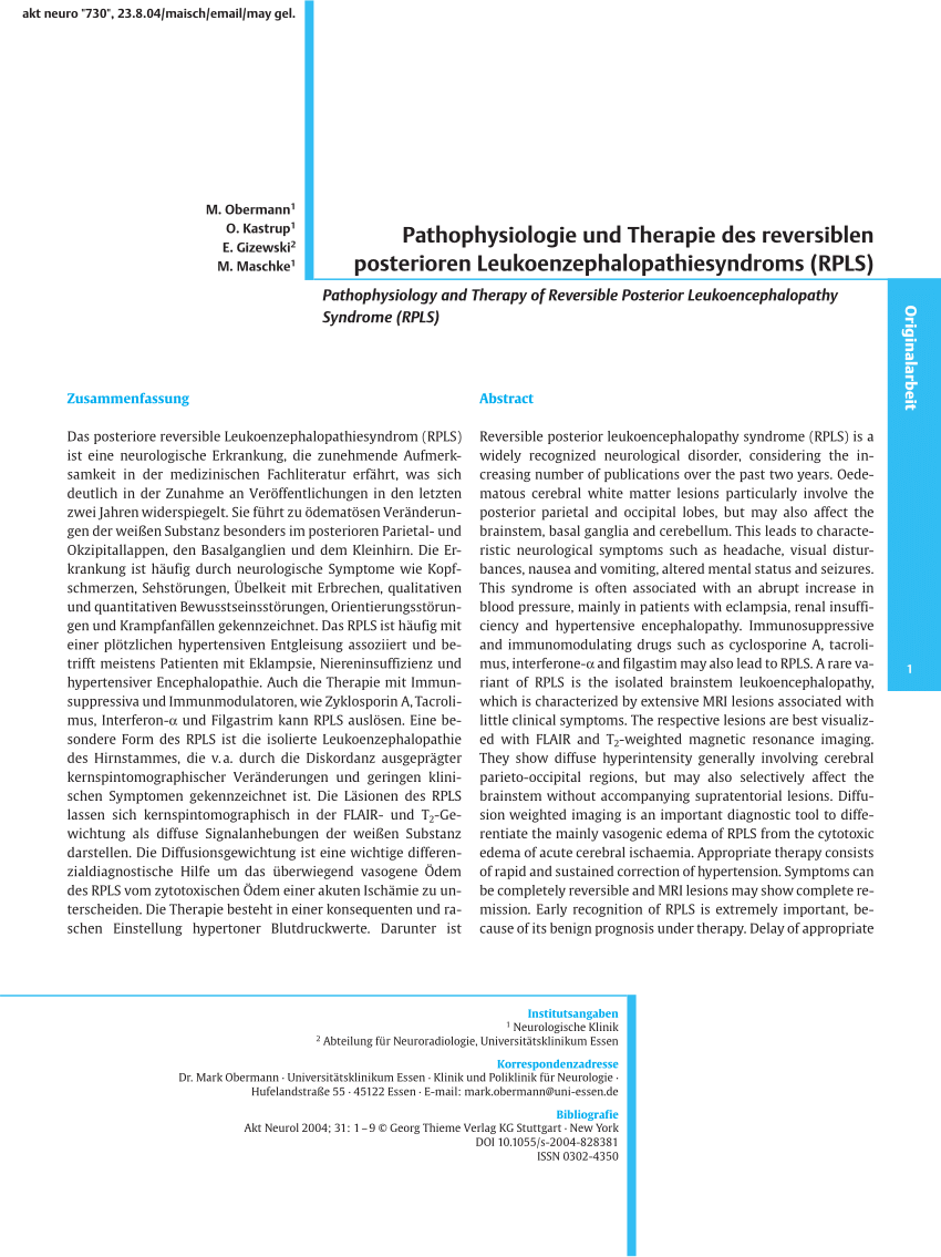 Pdf Pathophysiologie Und Therapie Des Reversiblen Posterioren