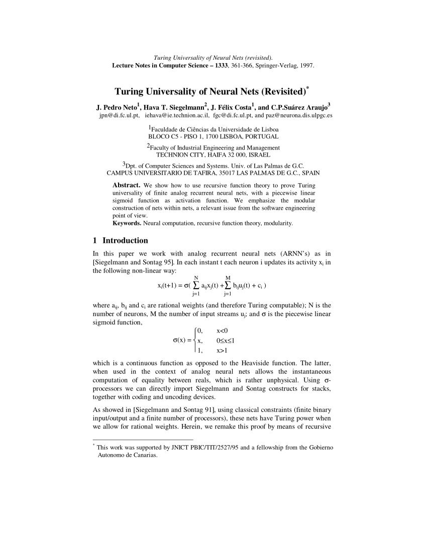 Pdf Turing Universality Of Neural Nets Revisited