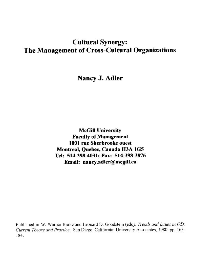 Pdf Cultural Synergy The Management Of Cross Cultural Organizations