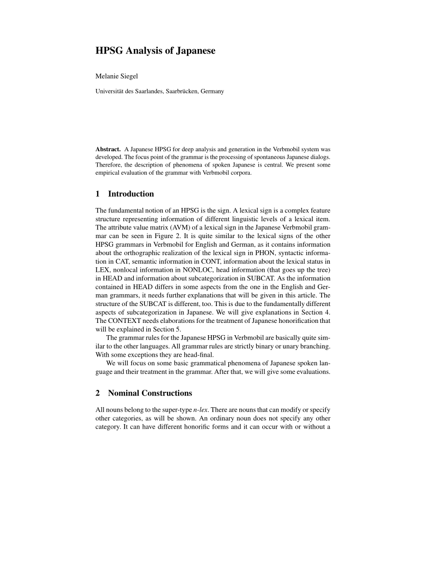 Pdf Hpsg Analysis Of Japanese