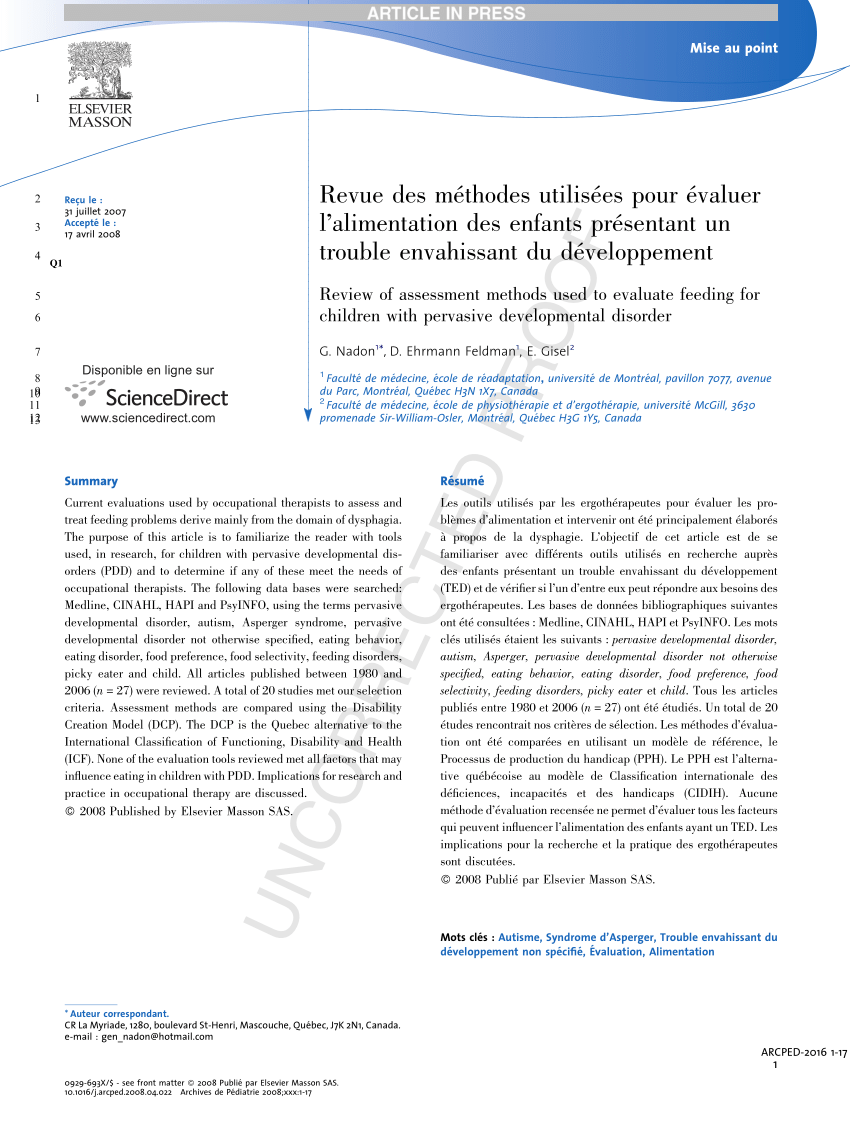 Pdf Revue Des Methodes Utilisees Pour Evaluer L Alimentation Des Enfants Presentant Un Trouble Envahissant Du Developpement