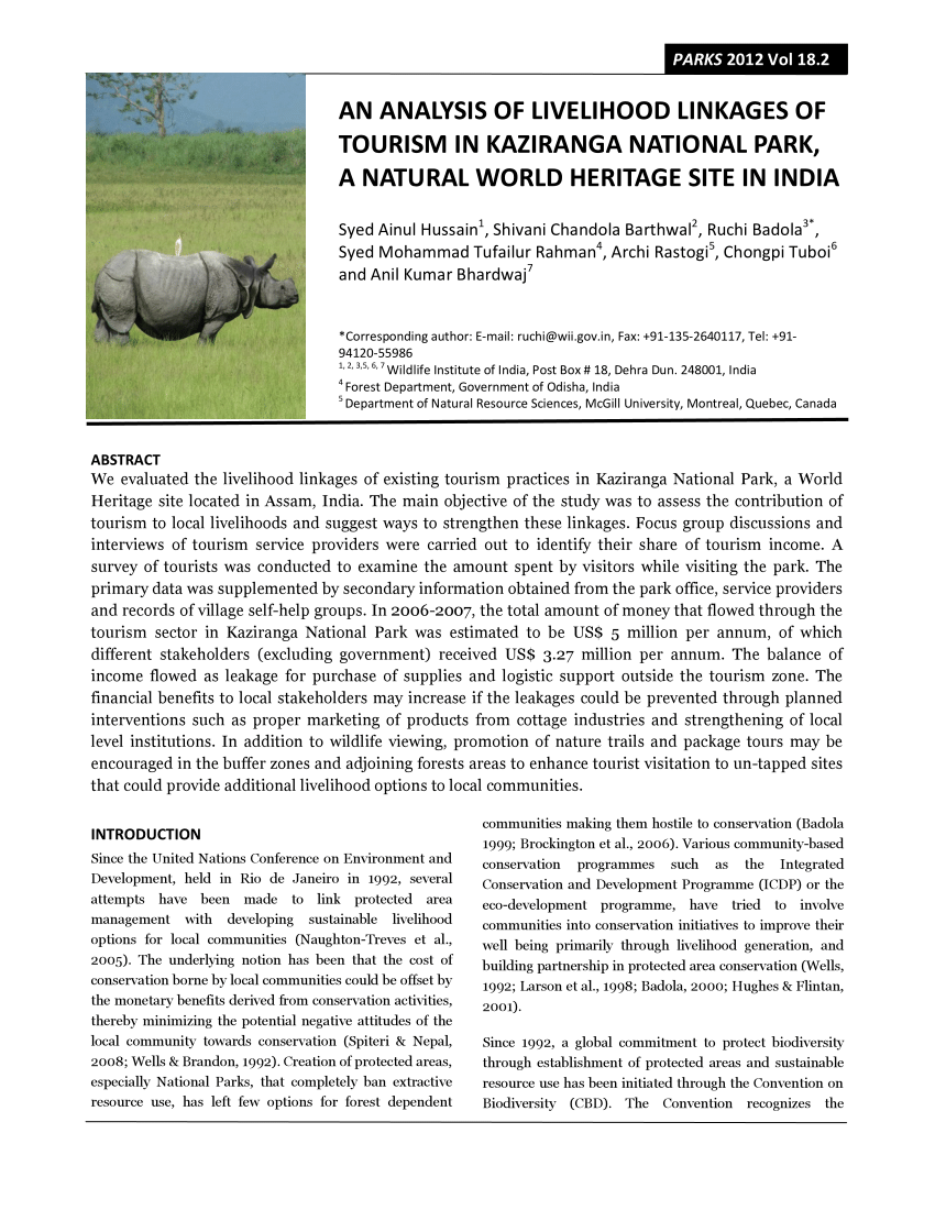 PDF) An analysis of livelihood linkages of tourism in Kaziranga National  Park, A Natural World Heritage Site in India