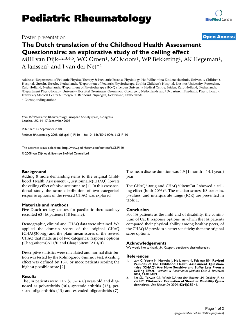 Pdf The Dutch Translation Of The Childhood Health Assessment