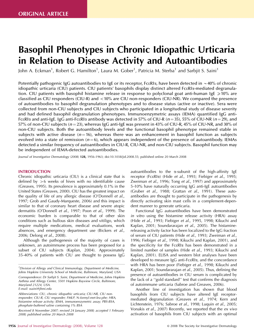 Pdf Distinct Basophil Functional Phenotypes In Chronic Idiopathic