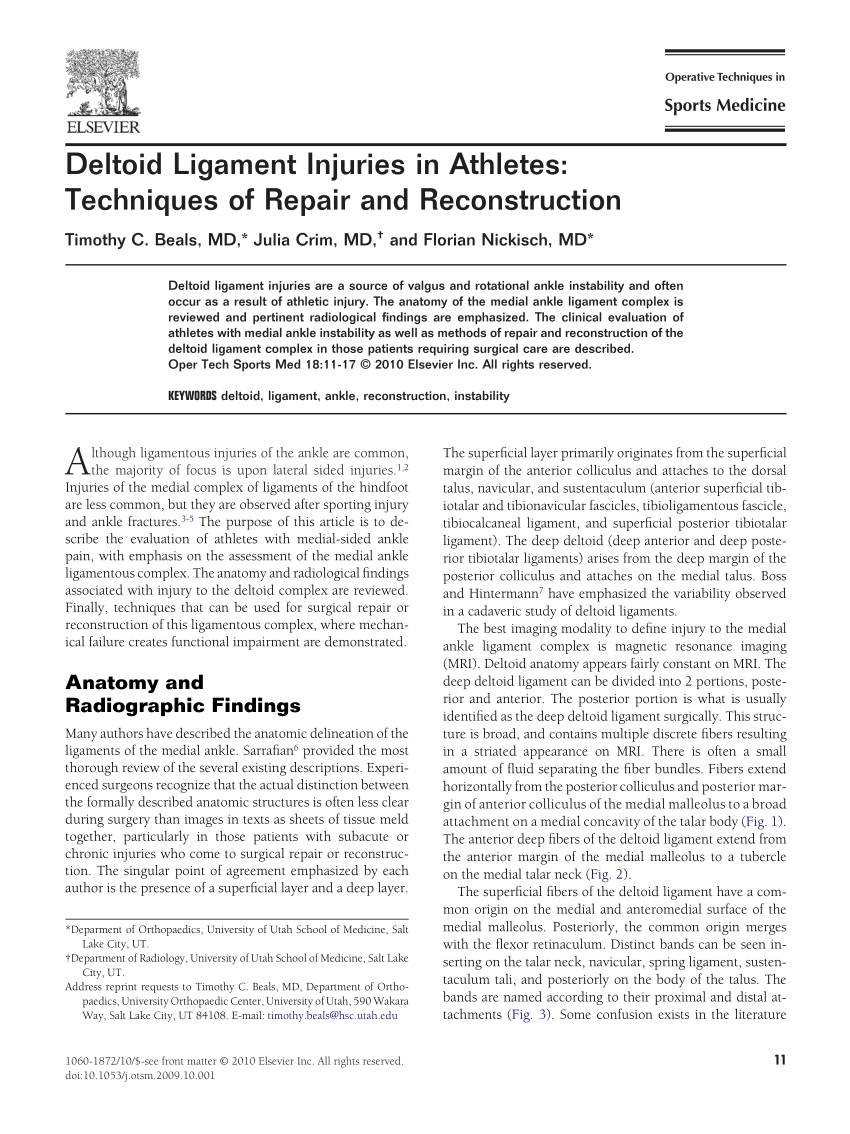 PDF) Deltoid Ligament Injuries in Athletes: Techniques of Repair and  Reconstruction