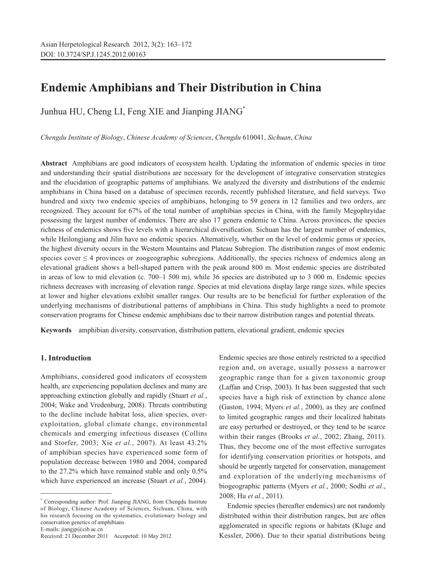 Pdf Endemic Amphibians And Their Distribution In China - 