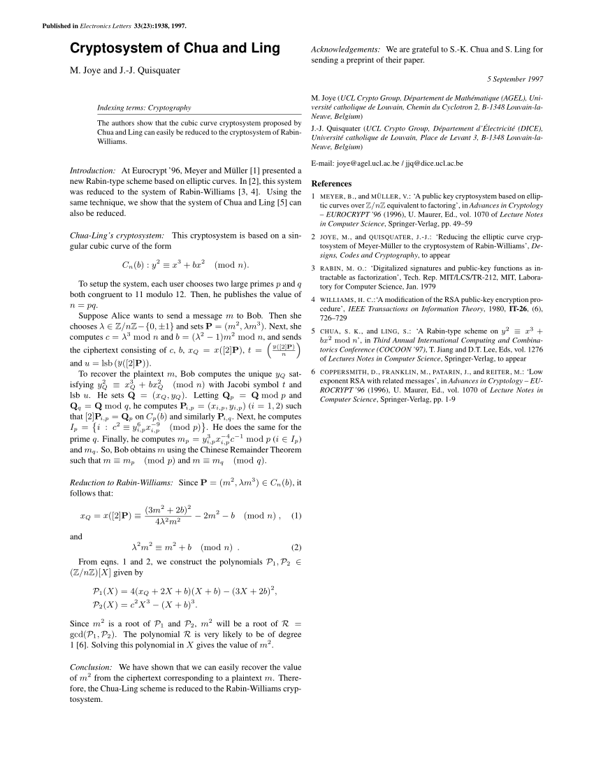 Pdf Cryptosystem Of Chua And Ling